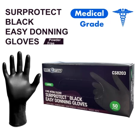 CLEANSAFETY® 8 Mil 12 Inch Nitrile/Vinyl Blend Easy Donning Disposable Gloves- Black